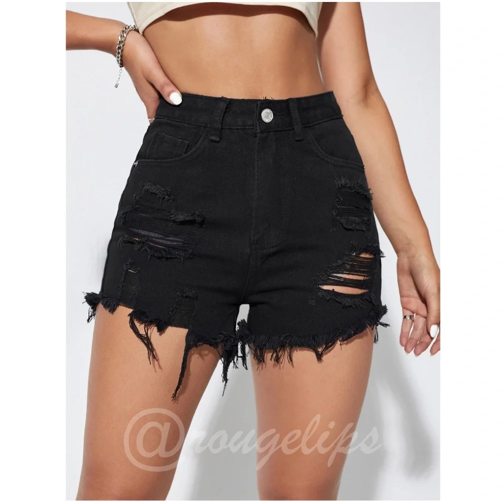 Light Wash Blue Denim Shorts Distressed Ripped High Waist Raw Hem - Picture 8 of 10